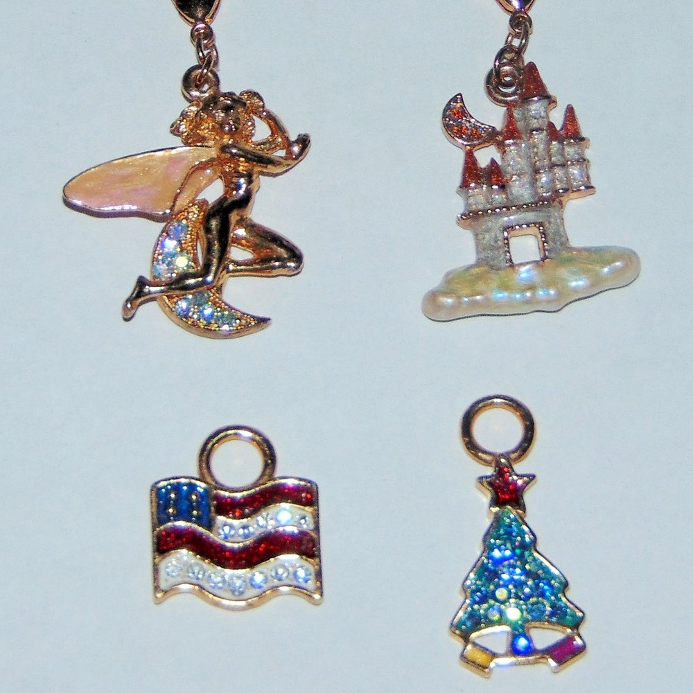 4 VHTF Kirks Folly Rhinestone Charms Fairy Flag Magic Castle and Christmas Tree